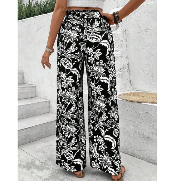 Boho Floral Print High Waisted Stretchy Waist Wide leg Pants - Picture 4 of 9